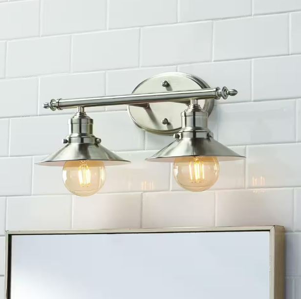 Glenhurst 16 in. 2-Light Industrial Farmhouse Brushed Nickel Bathroom Vanity Light Fixture with Metal Shades