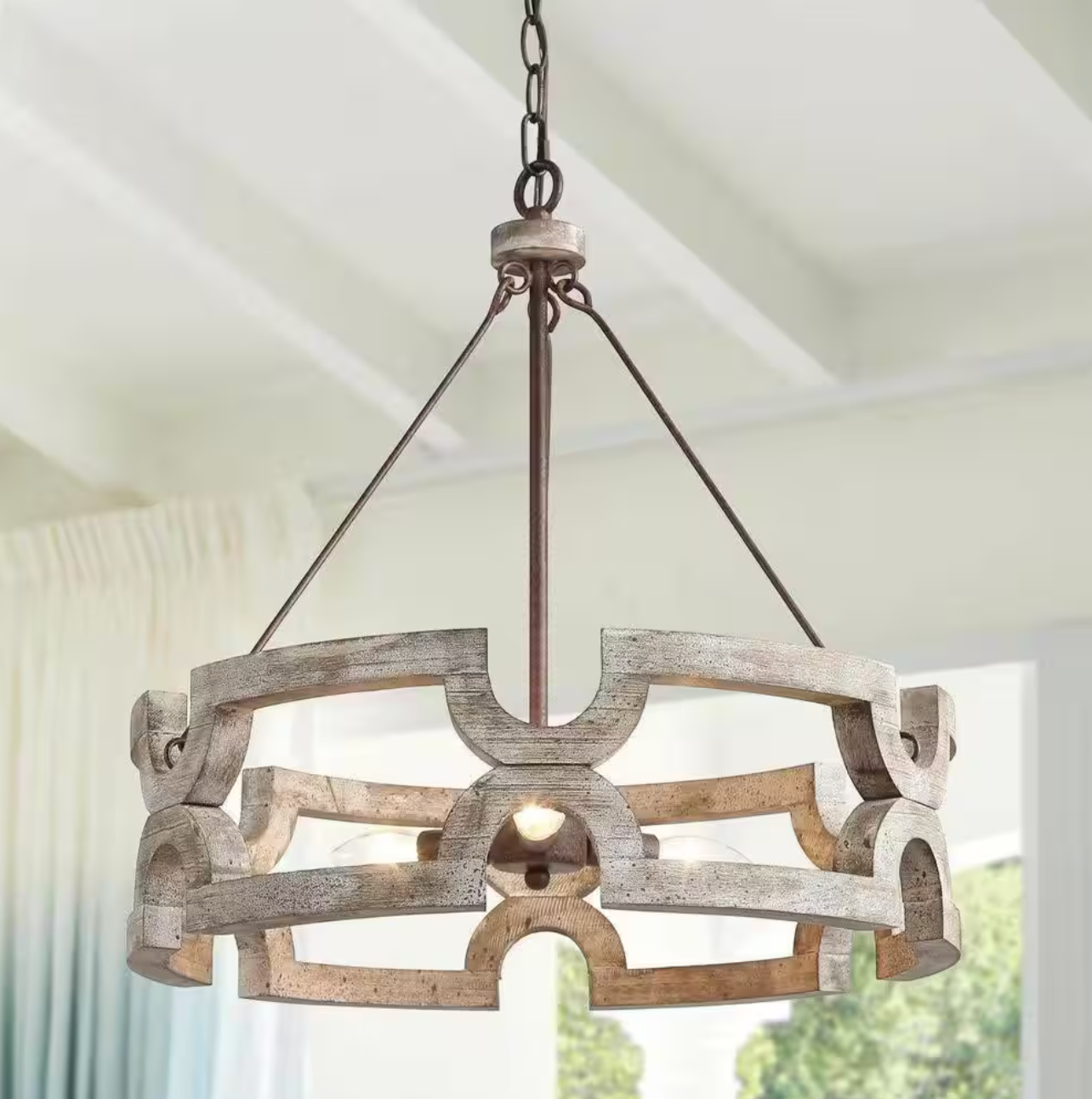Modern Farmhouse Solid Wood Drum Island Chandelier 3-Light Rustic Brown Pendant Light for Dining Room Kitchen Entryway