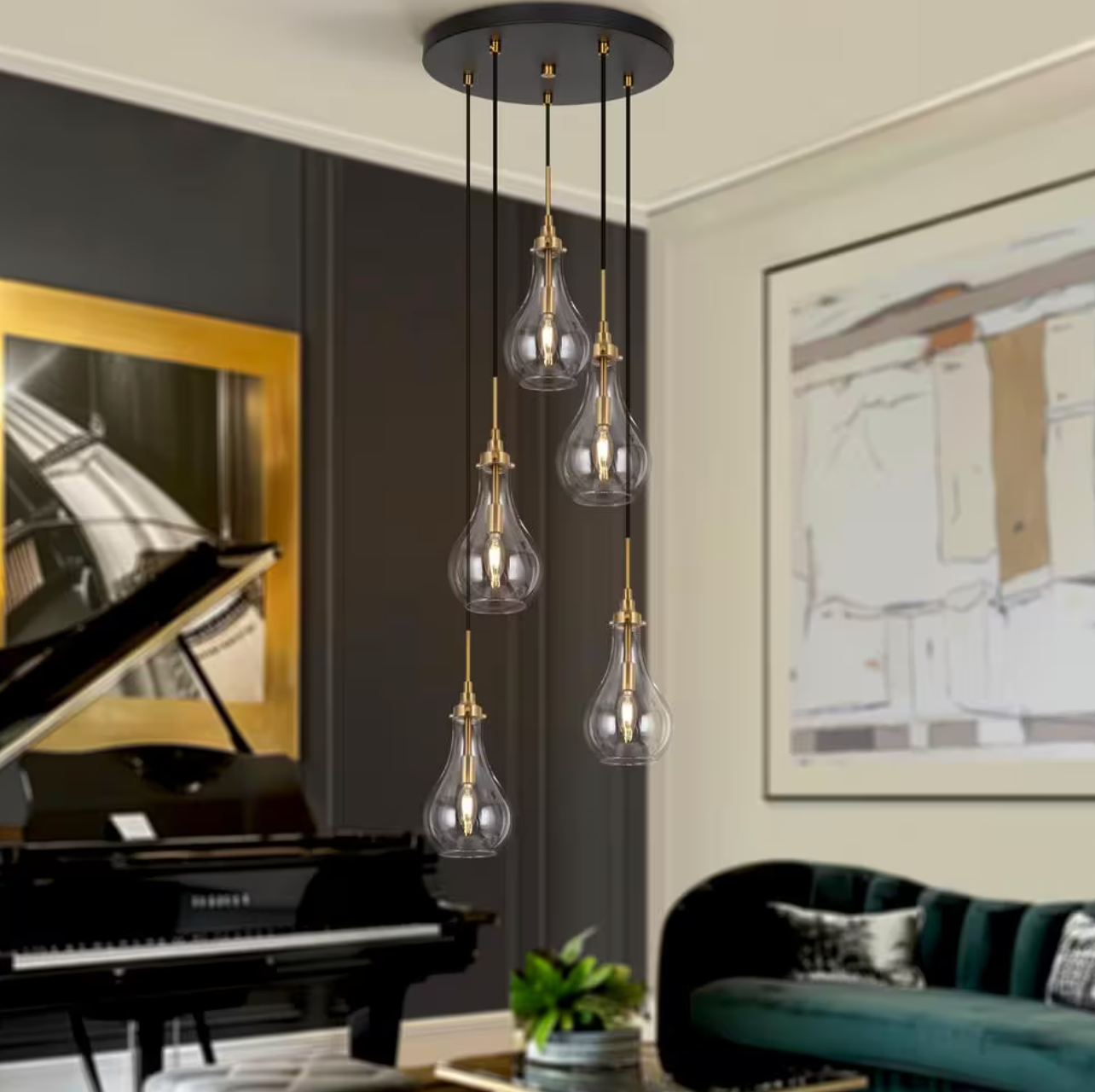 Modern Dining Room Cluster Chandelier 5-Light Black and Brass Teardrop Chandelier with Clear Glass Shades (Uolfin)