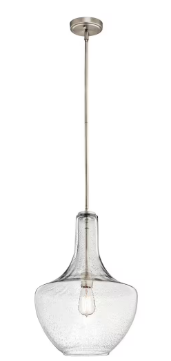 Everly 19.75 in. 1-Light Brushed Nickel Transitional Shaded Kitchen Bell Pendant Hanging Light with Clear Seeded Glass