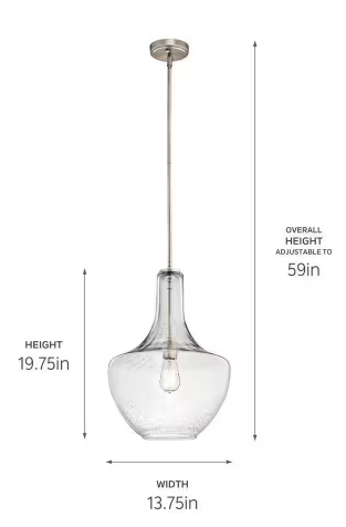 Everly 19.75 in. 1-Light Brushed Nickel Transitional Shaded Kitchen Bell Pendant Hanging Light with Clear Seeded Glass