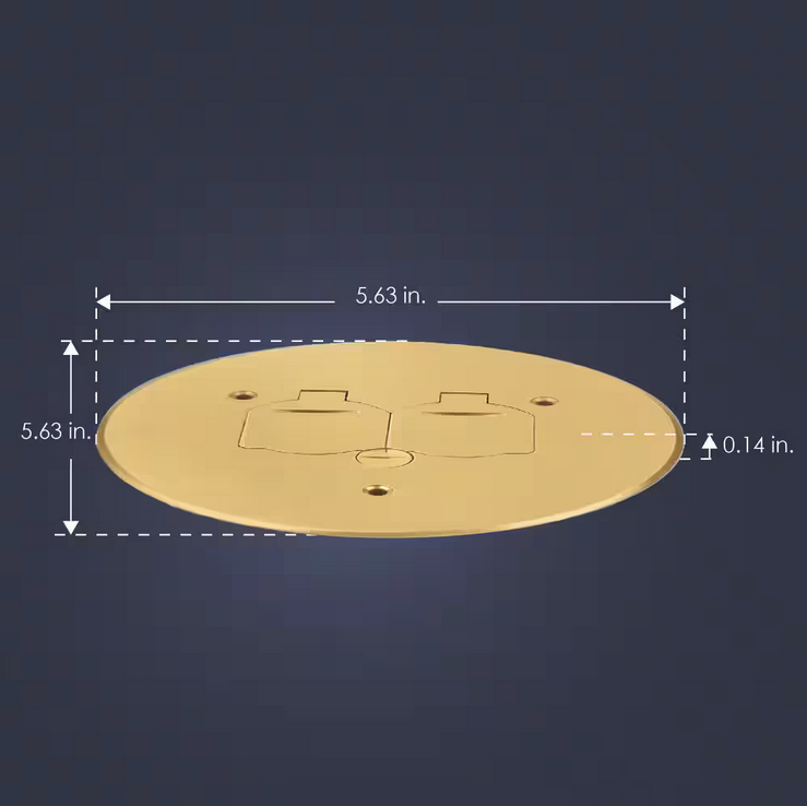 Low-Profile Round Floor Box Outlet Cover with 15A TR Duplex Receptacle and 2 Lift Lids, Brass