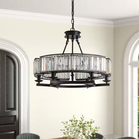 6-Light Black Modern Crystal Chandelier Drum Island Adjustable Hanging Semi Flush Mount Ceiling Light