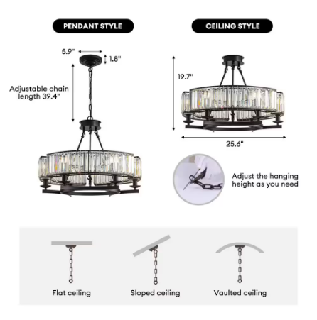 6-Light Black Modern Crystal Chandelier Drum Island Adjustable Hanging Semi Flush Mount Ceiling Light