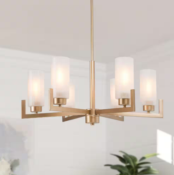 Gold 6-Light Modern Island Chandelier High Ceiling Light for Kitchen, Dining Room with Cylinder Frosted Glass Shades