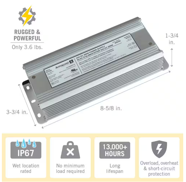 200-Watt 24-Volt DC LED Transformer Standard Power Supply