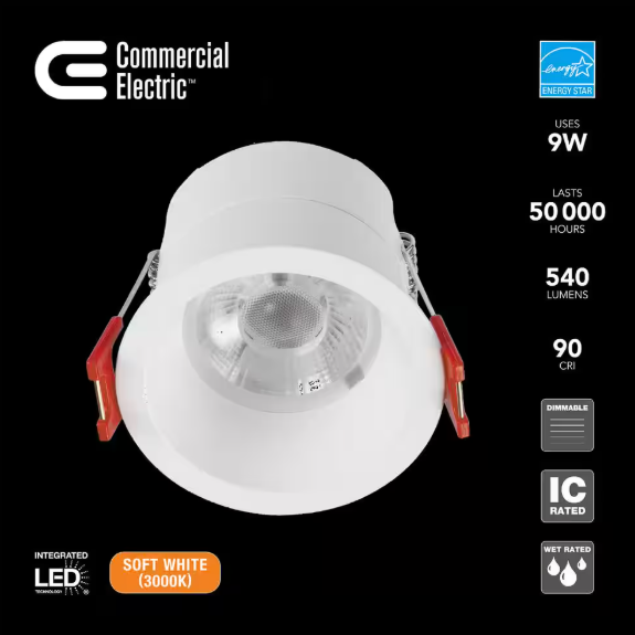Commercial Electric- Trimless Integrated LED 4 in Round Canless Recessed Light for Kitchen Bathroom Livingroom, White Soft White