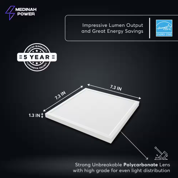 7.5 in. 75-Watt Equivalent LED Dimmable Square Surface Downlight, 1000 Lumens, 2700K-5000K Selectable