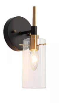 Modern 1-Light Brass Gold Wall Sconce, Black Bathroom Vanity Light with Open Cylinder Clear Glass Shades DIY Wall Light