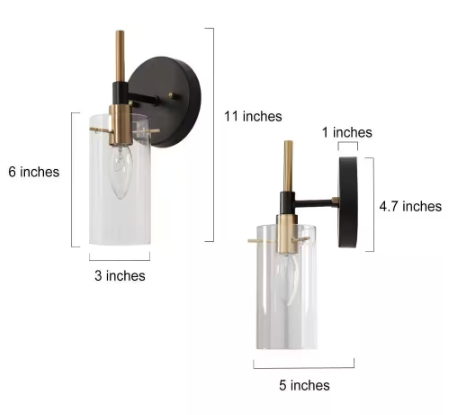 Modern 1-Light Brass Gold Wall Sconce, Black Bathroom Vanity Light with Open Cylinder Clear Glass Shades DIY Wall Light