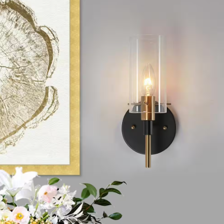 Modern 1-Light Brass Gold Wall Sconce, Black Bathroom Vanity Light with Open Cylinder Clear Glass Shades DIY Wall Light