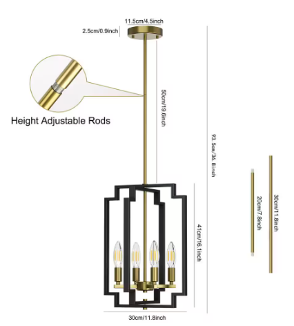 4-Light Black Pendant Hanging Light Fixture Modern Farmhouse Square Lampshade Ceiling Lights for Dining Kitchen Island