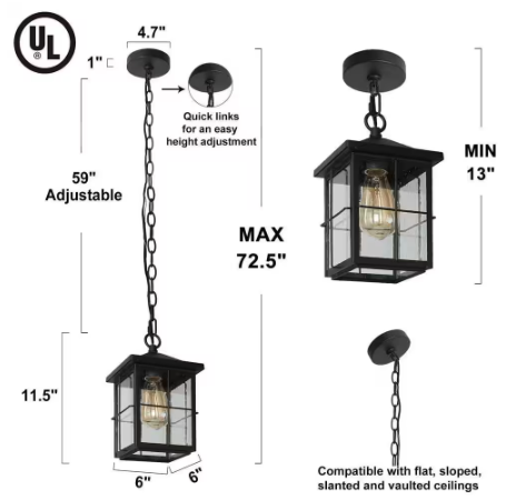 Modern Farmhouse Black Outdoor Hanging Lantern 1-Light Coastal Pendant with Seeded Glass Shade for Covered Patio Porch