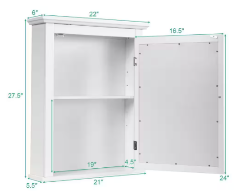 22 in. W x 27.5 in. H x 6 in. D Bathroom Storage Wall Cabinet with 1 Glass Doors and Adjustable Shelf in White