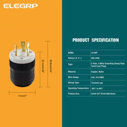 30 Amp 250-Volt NEMA L6-30P Locking Plug, Industrial Grade Grounding Heavy-Duty, Black/White