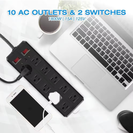 Surge Protector Power Strip with Outlets Ports 6 ft. Cord for Home, Office, Black