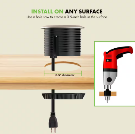 12 Amp 2-Outlets Desktop Grommet, 60-Watt Power Delivery Type C Port, 3-USB Charging Ports, Nickel