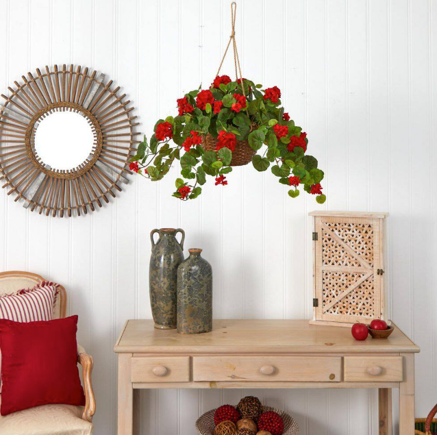 24 in. Artificial Geranium Silk Hanging Basket - Red