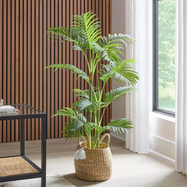 4 ft. Artificial Golden Cane Palm Tree in White Pot