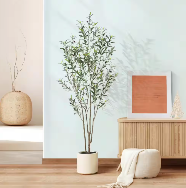 7 ft. Artificial Olive Tree with White Planter, Large Faux Olive Silk Tree for Indoor Home Decor and Housewarming Gift