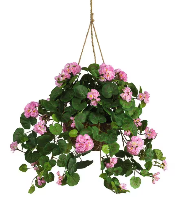 24 in. Artificial Geranium Floral Arrangment in Hanging Basket - Pink