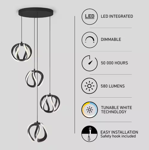 Vivaldi 25-Watt 4 Light Black Modern 5 CCT Integrated LED Pendant Light Fixture for Dining Room or Kitchen