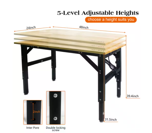 48 in. W x 24 in. D Metal Black Adjustable Worktable SolidWooden Top Workbench 4 Power Outlets/2USB Ports