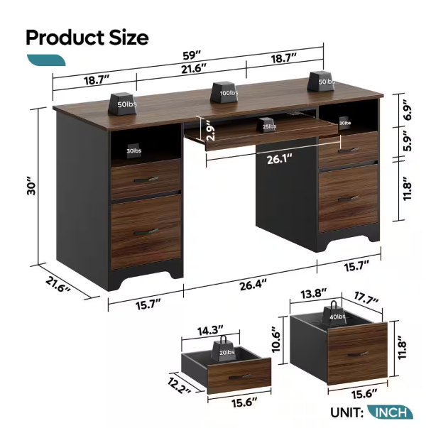 59 in. Rectangular Cherry 4-Drawers Computer Executive Desk with 2-Open Storage and Keyboard Tray