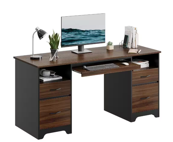 59 in. Rectangular Cherry 4-Drawers Computer Executive Desk with 2-Open Storage and Keyboard Tray