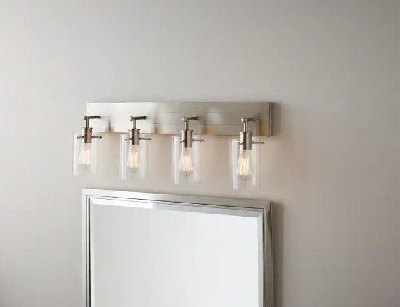 Hampton Bay- Regan 29.13 in. 4-Light Brushed Nickel Bathroom Vanity Light with Clear Glass Shades