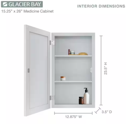Glacier Bay- 15-1/4 in. W x 26 in. H Framed Recessed or Surface-Mount Bathroom Medicine Cabinet with Mirror, Gray