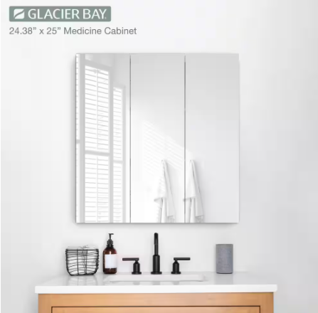Glacier Bay- 24.4 in. W x 25.2 in. H Rectangular Medicine Cabinet with Mirror in Silver with Adjustable Shelves