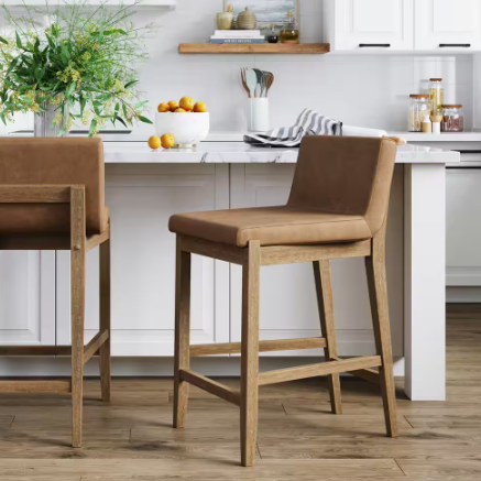 Gracie 24 in. Modern Counter Height Bar Stool with Back, Brushed Light Brown Wood Legs and Upholstered Seat