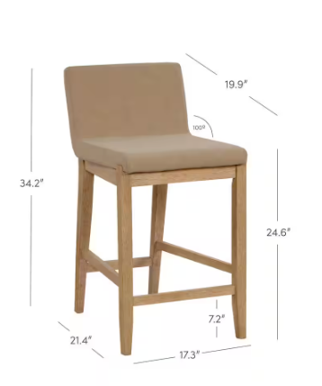 Gracie 24 in. Modern Counter Height Bar Stool with Back, Brushed Light Brown Wood Legs and Upholstered Seat