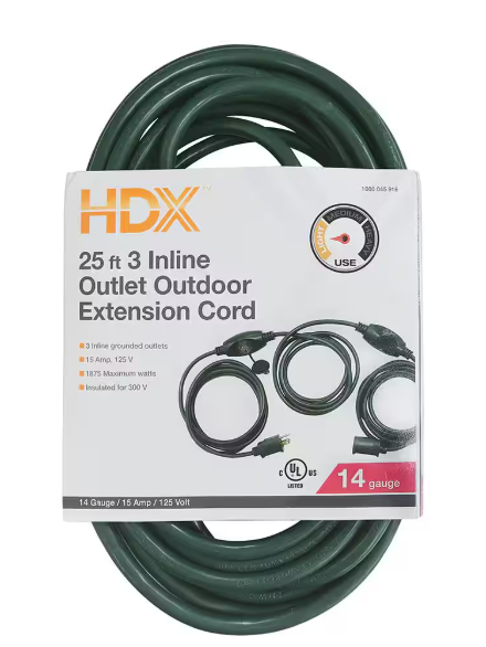 HDX- 25 ft. 14/3 3 Outlet Extension Cord, Green