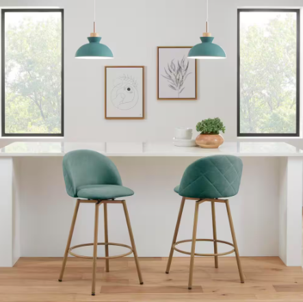 StyleWell- 26 in. Colsted Aloe Blue Upholstered Counter Stools with Swivel Seat (Set of 2)