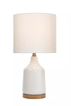 Hampton Bay- Saddlebrook 21.5 in. Cream Ceramic and Faux Wood Table Lamp with White Fabric Shade
