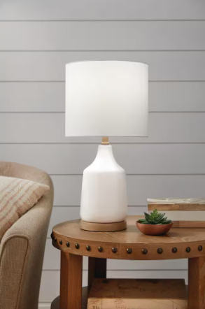 Hampton Bay- Saddlebrook 21.5 in. Cream Ceramic and Faux Wood Table Lamp with White Fabric Shade