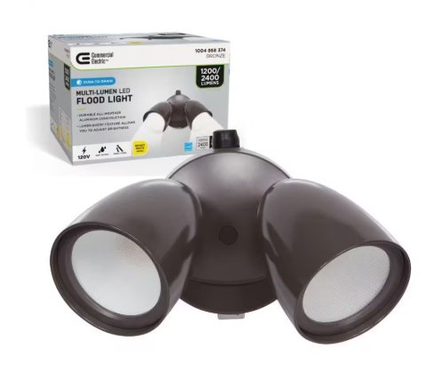 Commercial Electric- Dusk to Dawn Sensor Bronze Exterior Outdoor Twin Head LED Flood Light Security 1200 to 2400 Lumens 4000K Wet Rated