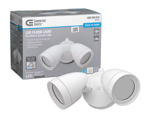 Commercial Electric- 2-Head White Outdoor Integrated LED Security Flood Light Dusk-to-Dawn 1200 Lumens 4000K Wall or Eave Mount