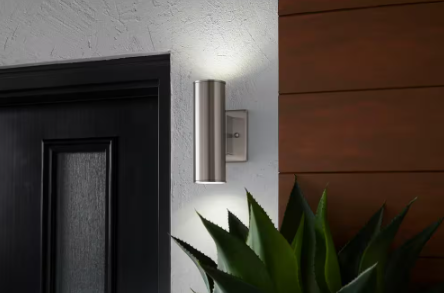 Home Decorators Collection- Riga 7.64 in. 2-Light Modern Stainless Steel Dimmable LED Cylinder Outdoor Wall Light Sconce