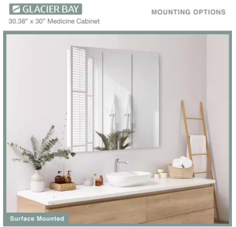 Glacier Bay- 30.4 in. W x 30.2 in. H Rectangular Medicine Cabinet with Mirror in White with Adjustable Shelves