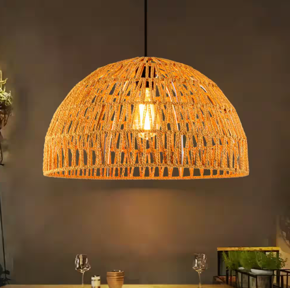 Matisse 1-Light Brown Semicircle Pendant Light with Rattan Shade