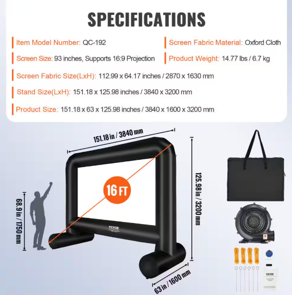 VEVOR- Projector Screen 16 ft. Projection Screen with Blower and Carrying Bag Front Inflatable Movie Screen for Outside