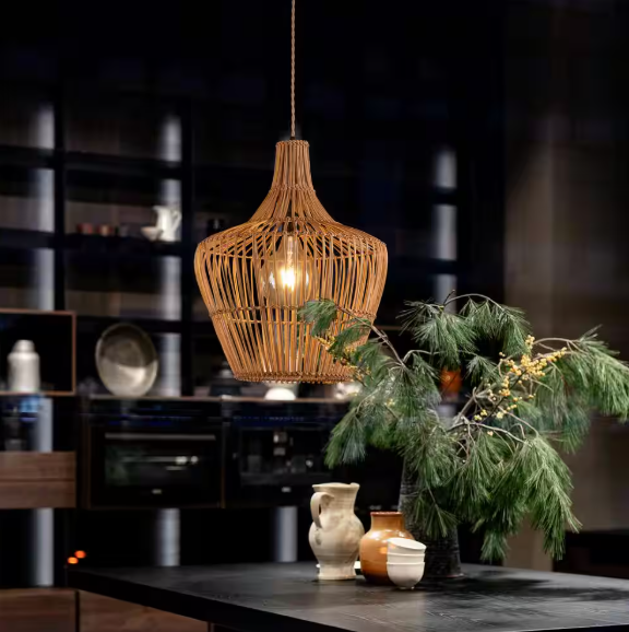 Ailsa 1-Light Modern Rattan Pendant Light Boho Handmade Hanging Light in Brass Finish Kitchen Ceiling Light Fixture