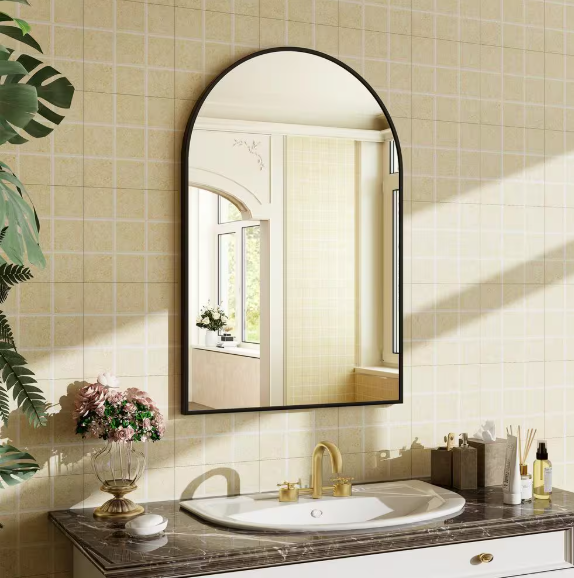 24 in. W x 36 in. H Arched Metal Framed Wall Bathroom Vanity Mirror Black