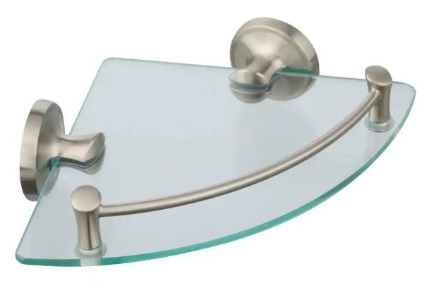Delta- Extensions 8 in. Glass Corner Shelf with Rail Bath Hardware Accessory in Brushed Nickel