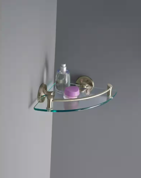 Delta- Extensions 8 in. Glass Corner Shelf with Rail Bath Hardware Accessory in Brushed Nickel