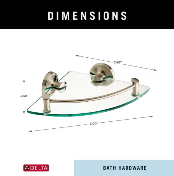Delta- Extensions 8 in. Glass Corner Shelf with Rail Bath Hardware Accessory in Brushed Nickel