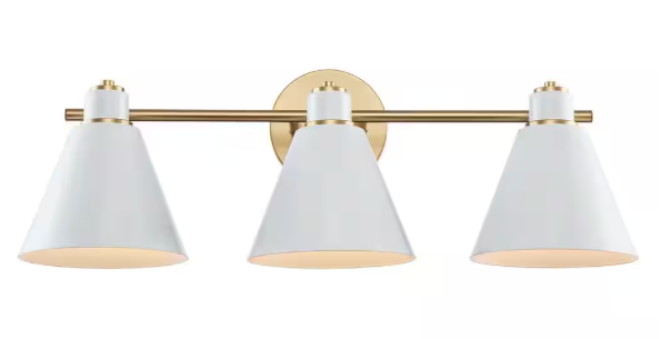 Bel Air Lighting- Forge 24 in. 3-Light White and Gold Bathroom Vanity Light Fixture with Metal Cone Shades